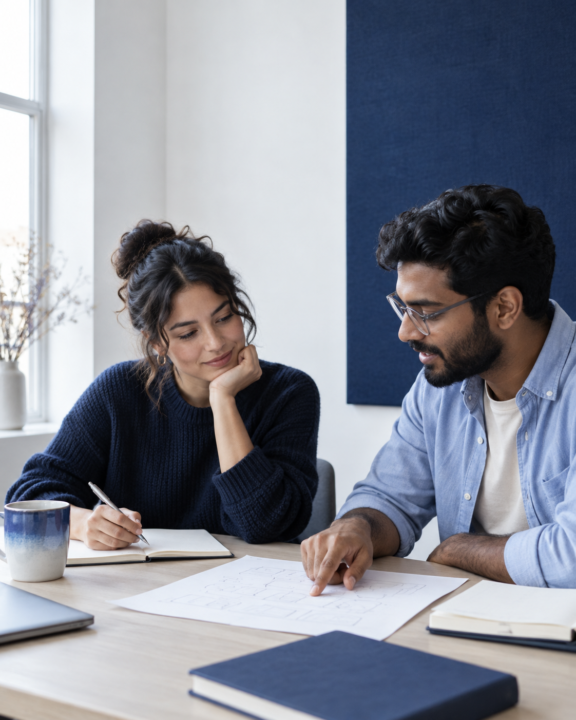 Two adult learners discussing a notebook and a paper sketch together.